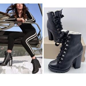 Schutz Zhara Combat Platform Heel Boots Black Leather Lace Up Shearling US 5.5